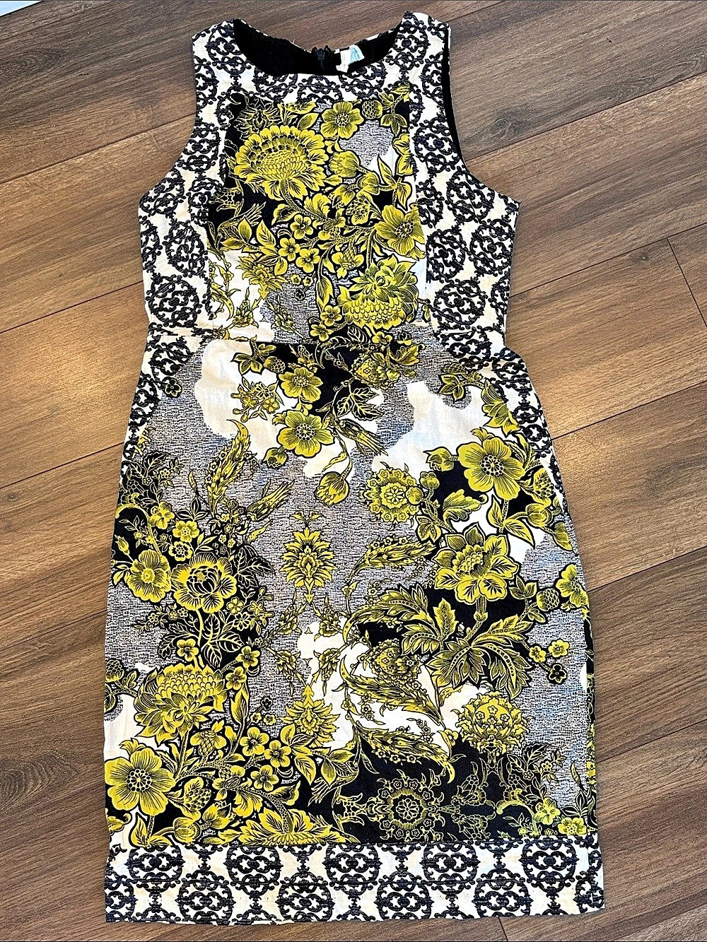 Anthropologie Floral Midi Shift Dress in Yellow & Black Size 6 Like New